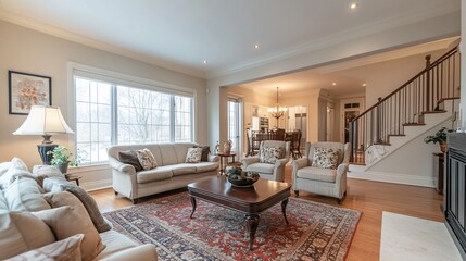 Fototapeta premium Cozy living room with elegant furnishings and warm lighting for relaxation.