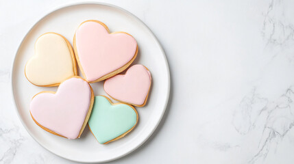 Delightful heart shaped cookies with pastel icing arranged on white plate, perfect for celebrations and sweet moments. Enjoy these colorful treats