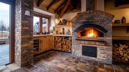 Cozy kitchen with a stone fireplace and wooden cabinets, ideal for cooking.