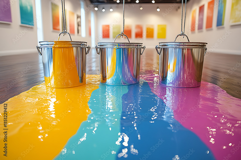Poster art installation featuring colorful buckets and a rainbow floor in a gallery setting.