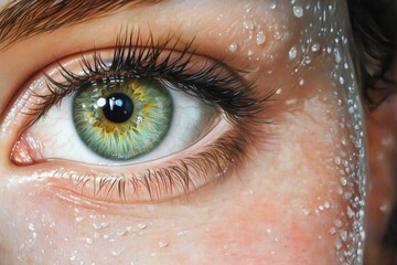 A Close Up Of A Green Eye With Water Droplets