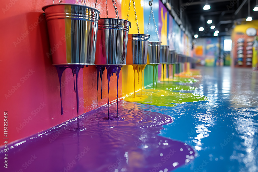 Poster art installation featuring colorful buckets and a rainbow floor in a gallery setting.