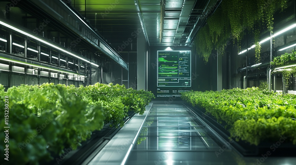 Poster futuristic indoor farm with rows of lettuce and high-tech monitoring systems.