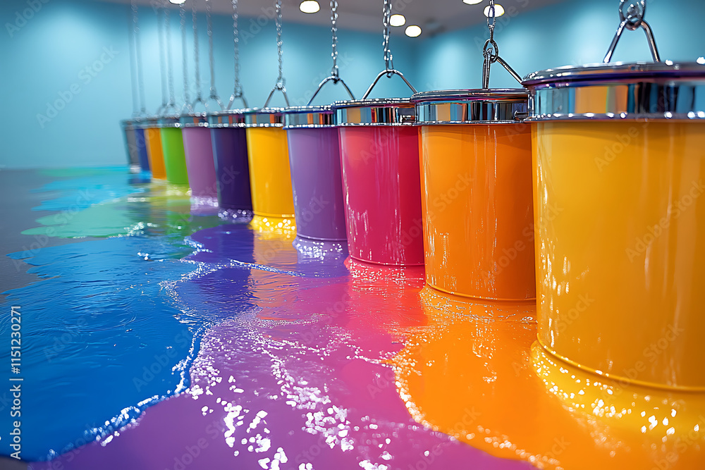Poster art installation featuring colorful buckets and a rainbow floor in a gallery setting.