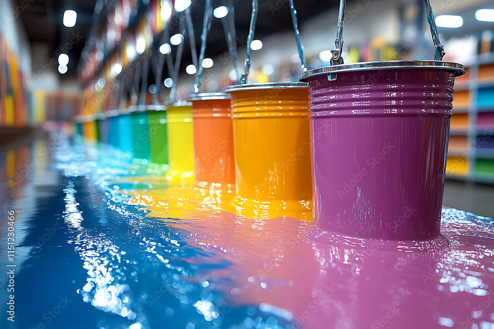 Poster art installation featuring colorful buckets and a rainbow floor in a gallery setting.