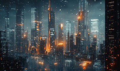 Futuristic cityscape with glowing skyscrapers and a reflective water surface.