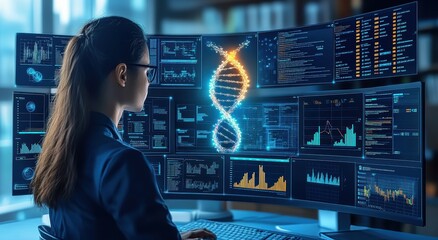 digital representation of DNA and various computer screens displaying code