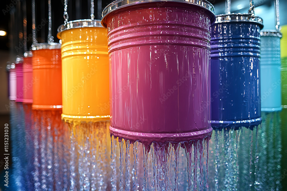 Poster art installation featuring colorful buckets and a rainbow floor in a gallery setting.
