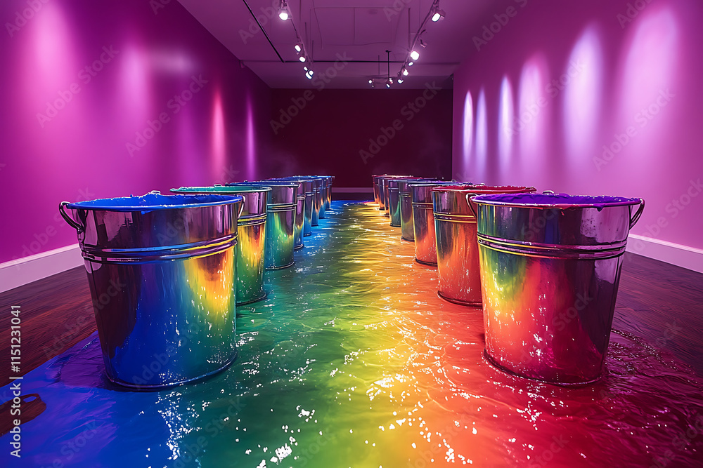 Poster art installation featuring colorful buckets and a rainbow floor in a gallery setting.
