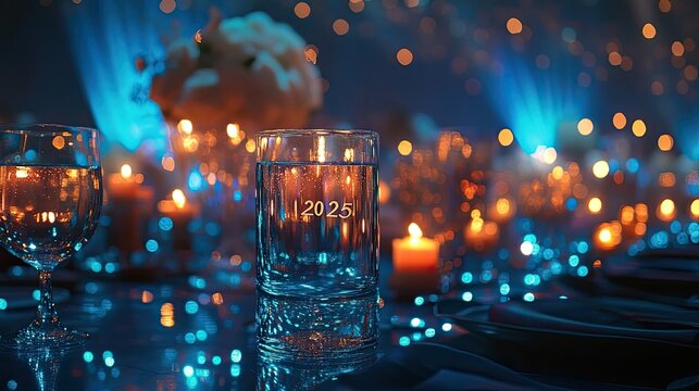 Elegant party decor with sparkling lights celebrating "2025"