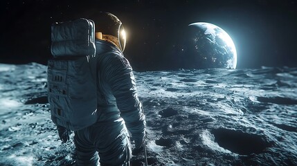 An astronaut planting a flag on the moon, Earth prominently visible in the distance, the stark lighting creating sharp contrasts on the lunar surface,