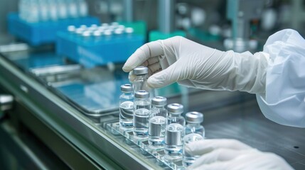 A gloved hand handling vials in a laboratory setting, indicative of pharmaceutical processes.