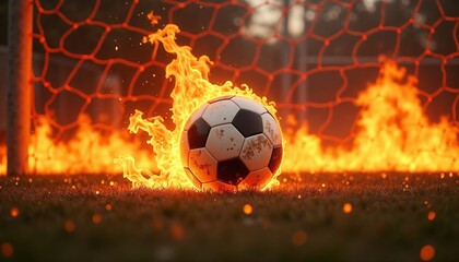 Soccer Ball Surrounded by Fire Near the Goalposts.Passion. Intensity. The Spirit of the Game. Sports marketing, event promotion, energy concept, team spirit, football championship, dynamic image, soc