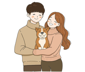 Couple holding a dog with love.A Romantic Gesture for International Hug Day vector illustration on white background
