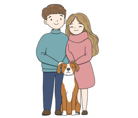 Couple holding a dog with love.A Romantic Gesture for International Hug Day vector illustration on white background