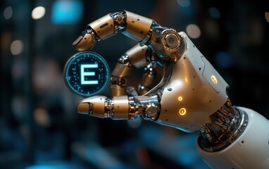 AI robot hand holding up an icon with the digital logo for 'E' on it