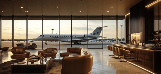 Luxurious airport lounge with a private jet visible through large windows.