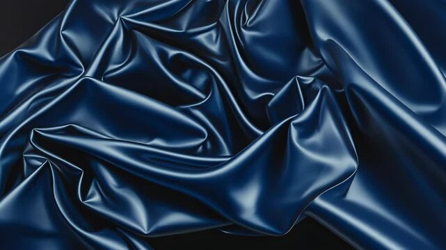 Texture and sheen of deep blue satin fabric arranged in elegant folds and creases