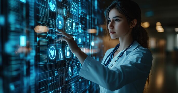 Abstract digital hologram of a female doctor touching a virtual screen with medical icons on a glass interface - Powered by Adobe