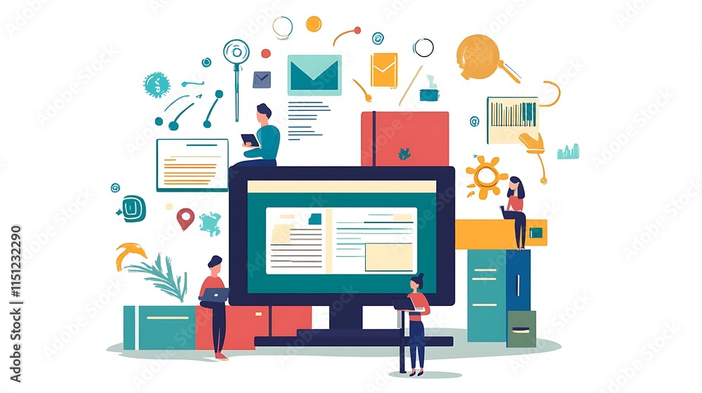 Poster illustration team collaborating digitally on a project with showcasing teamwork effective online pro