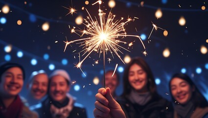 Sparklers illuminating joyful friends celebrating winter holidays