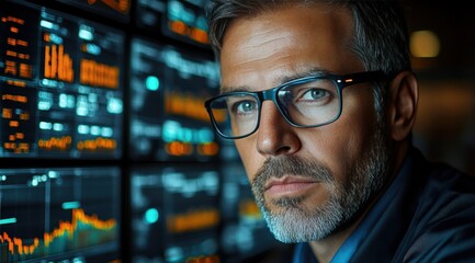 middle-aged man with glasses looking at multiple digital screens displaying financial data