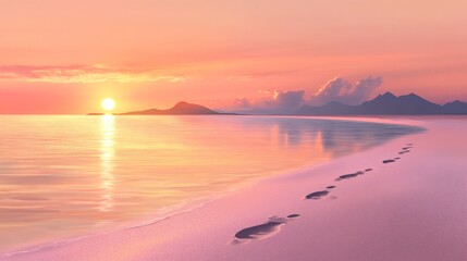 Fototapeta premium Serene sunset over tranquil ocean beach; footprints in sand.