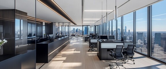 Modern office interior with large windows and sleek design showcasing city views.