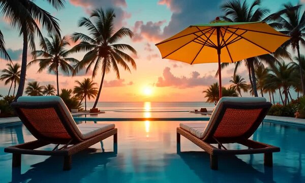 A luxurious tropical poolside scene at sunset, complete with lounge chairs and an umbrella.