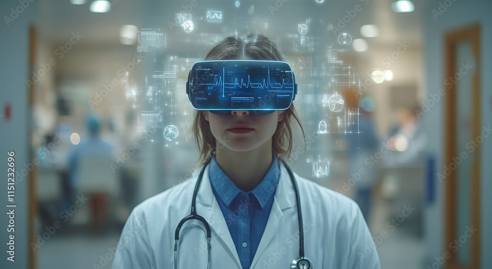 Poster doctor wearing VR glasses is seen in the foreground