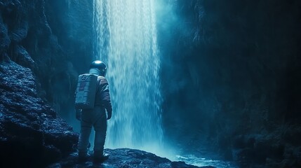 Fototapeta premium An astronaut standing in an alien cave with glowing waterfalls cascading down the walls, cinematic lighting reflecting the vivid blues and greens of the environment, hd quality,