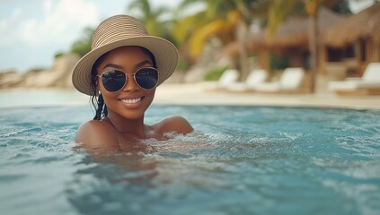 beautiful woman wearing sunglasses and a hat is relaxing by the pool