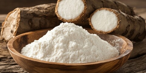 Tapioca starch, also known as tapioca flour, is displayed in a wooden bowl along with dry cassava root. This versatile tapioca starch can be used in various culinary applications.