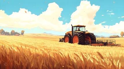 Obraz premium A photo of a farmer operating a tractor in a golden wheat field.