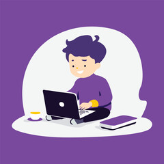 Young Boy Working Freelancer on Laptop