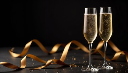 Festive banner with champagne glasses, bubbles, and golden ribbon.Copy space, banner, New Year's Eve, holiday celebration, event promotion, festive poster, anniversary, special occasion. Elegance. Spa