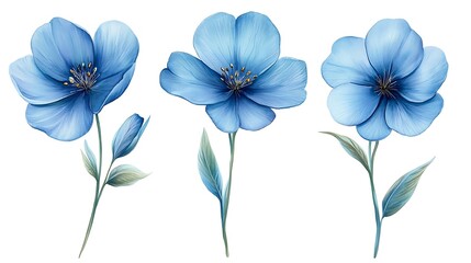 Fototapeta premium Three fresh blue flax flowers isolated on a white background