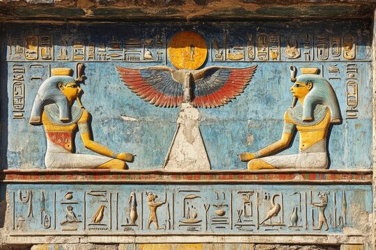 Winged sun protecting seated egyptian pharaohs with hieroglyphics