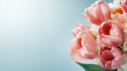 Spring banner with pink tulip bouquet on light blue gradient background.Freshness. Renewal. Beauty.tulip bouquet, soft pink, fresh flowers, floral design, event promotion, seasonal greeting, Mothe