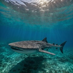A whale shark swimming through turquoise waters near a tropical island.