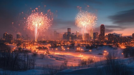 Downtown city skyline glowing with fireworks during New Year's celebration