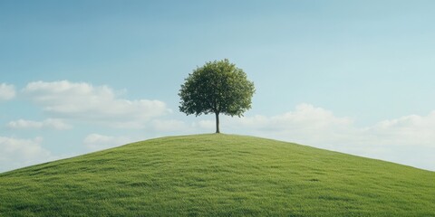 Fototapeta premium A solitary tree stands on a grassy hill, representing the concept of deforestation and its impact on life, emphasizing the importance of preserving trees and nature in our ecosystem.