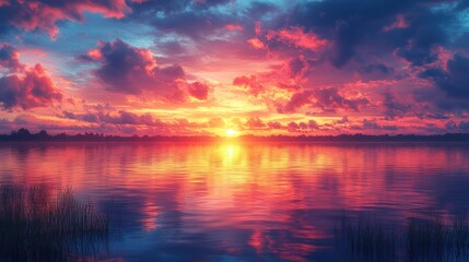 Obraz premium Vibrant sunset reflected in calm lake water.