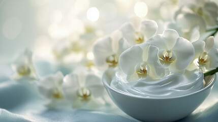 Delicate White Orchids Framing an Orchid Extract Face Mask, Set Against Soft Blurred White Tones for Luxury Copy Space