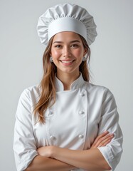 Happy chef in white uniform holding spatula and whisk, ideal for food blogs, cooking websites, and culinary design projects.