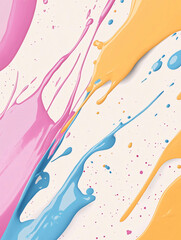 Vibrant abstract background featuring splashes of pink, blue, and yellow paint on light surface, creating dynamic and energetic visual effect