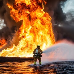 A photo of a firefighter spraying water onto flames during a dramatic rescue