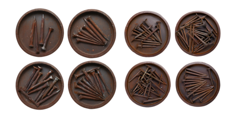 Rusty Nails in Circular Trays on Transparent Background, PNG collection, set bundle, isolate on transparent or white background