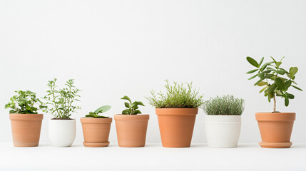 Assorted gardening pots and planters with various plants on bright white background create fresh and vibrant atmosphere. Perfect for home decor or gardening inspiration