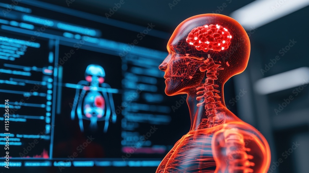 Poster a digital representation of a human head with a glowing brain, set against a backdrop of coding and 
